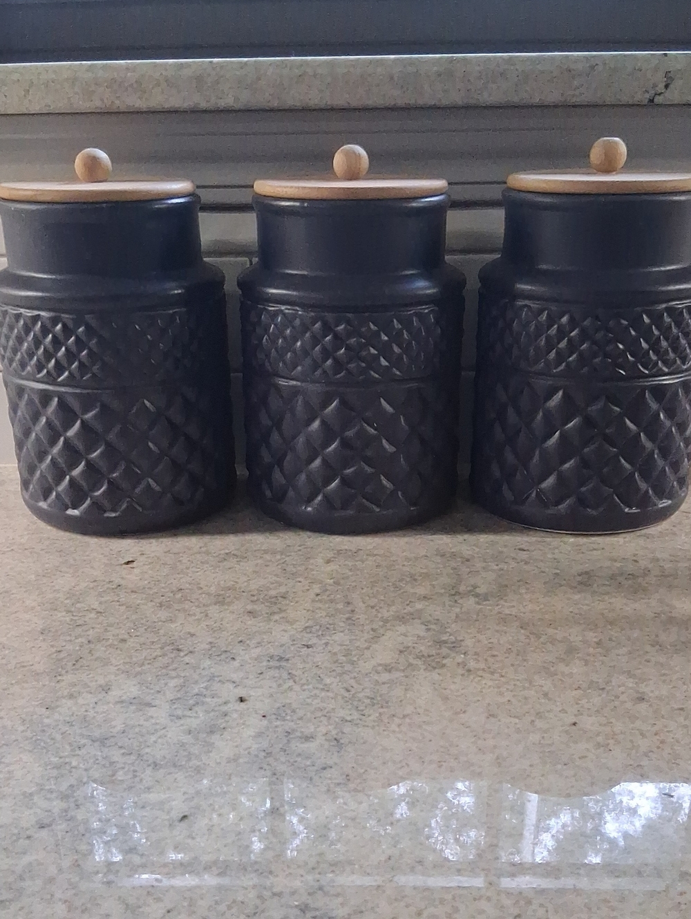 Set of 3 Matte Navy Ceramic Canisters with Wood Lids